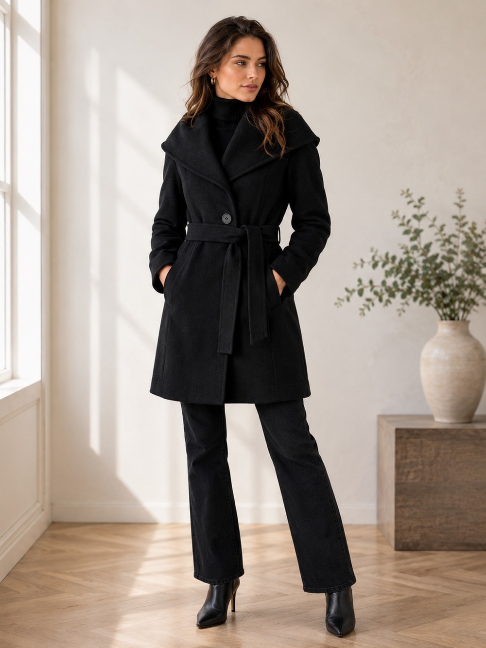 Tahari Black Belted Shawl Collar Coat